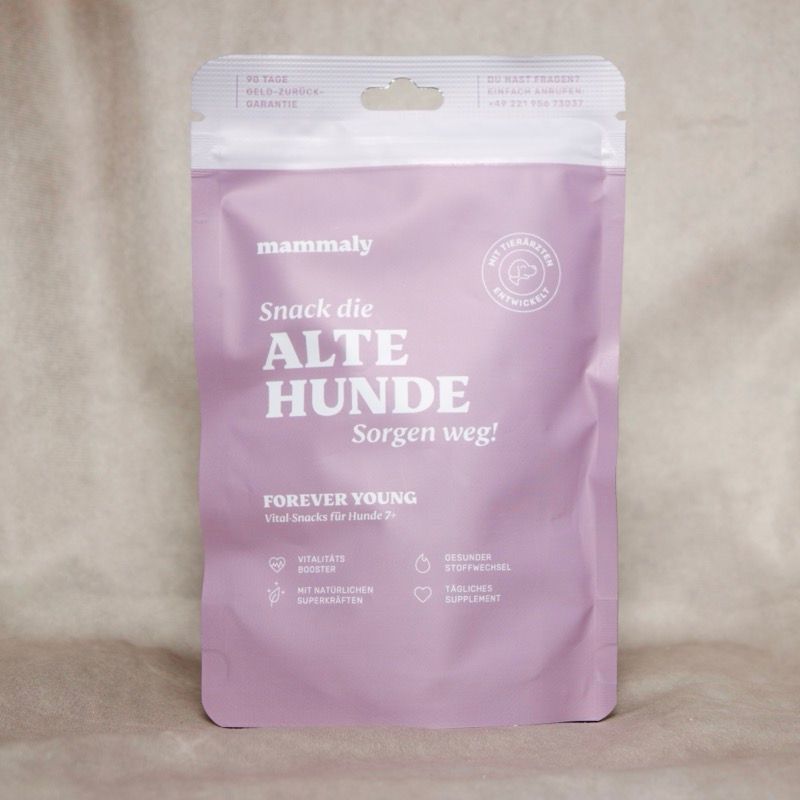 mammaly Snack für alte Hunde – Forever Young Vital-Snacks für Seniorhunde ab 7 Jahren in lila Verpackung