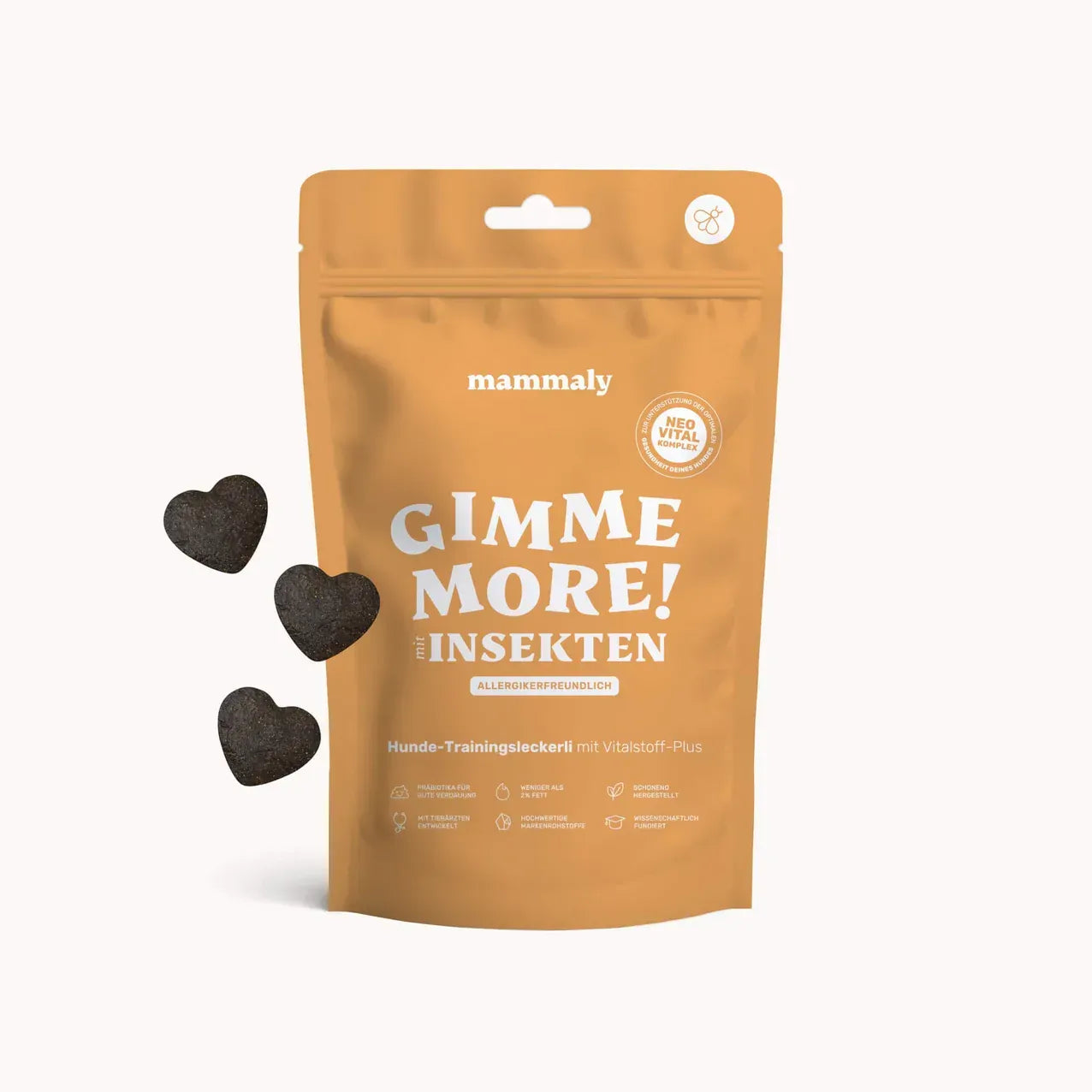 mammaly Gimme More mit Insekten – Hunde-Trainingssnack für Allergiker, schwarze Herz-Leckerli in orangefarbener Verpackung