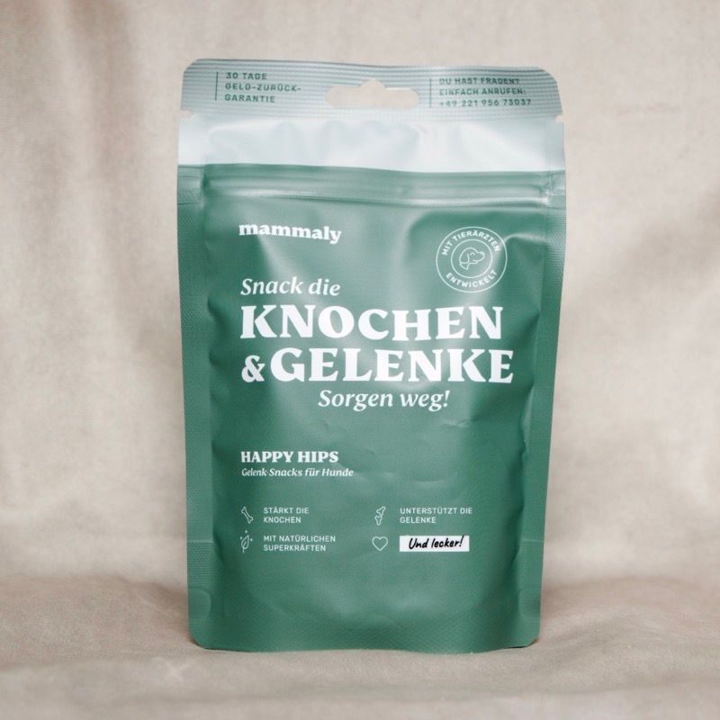 mammaly Happy Hips – Gelenk-Snacks für Hunde in grüner Verpackung, unterstützt Knochen & Gelenke, mit natürlichen Superkräften