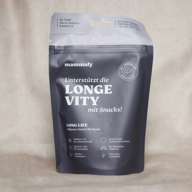 mammaly Long Life – Zellpower-Snacks für Hunde in schwarzer Verpackung, unterstützt Zellschutz und tägliche Vorsorge, Ergänzungsfuttermittel
