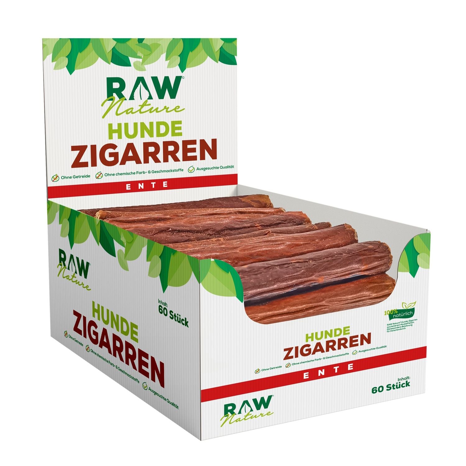 Display mit 60 Hundeleckerlis in Zigarrenform von Raw Nature in Geschmacksrichtung Ente