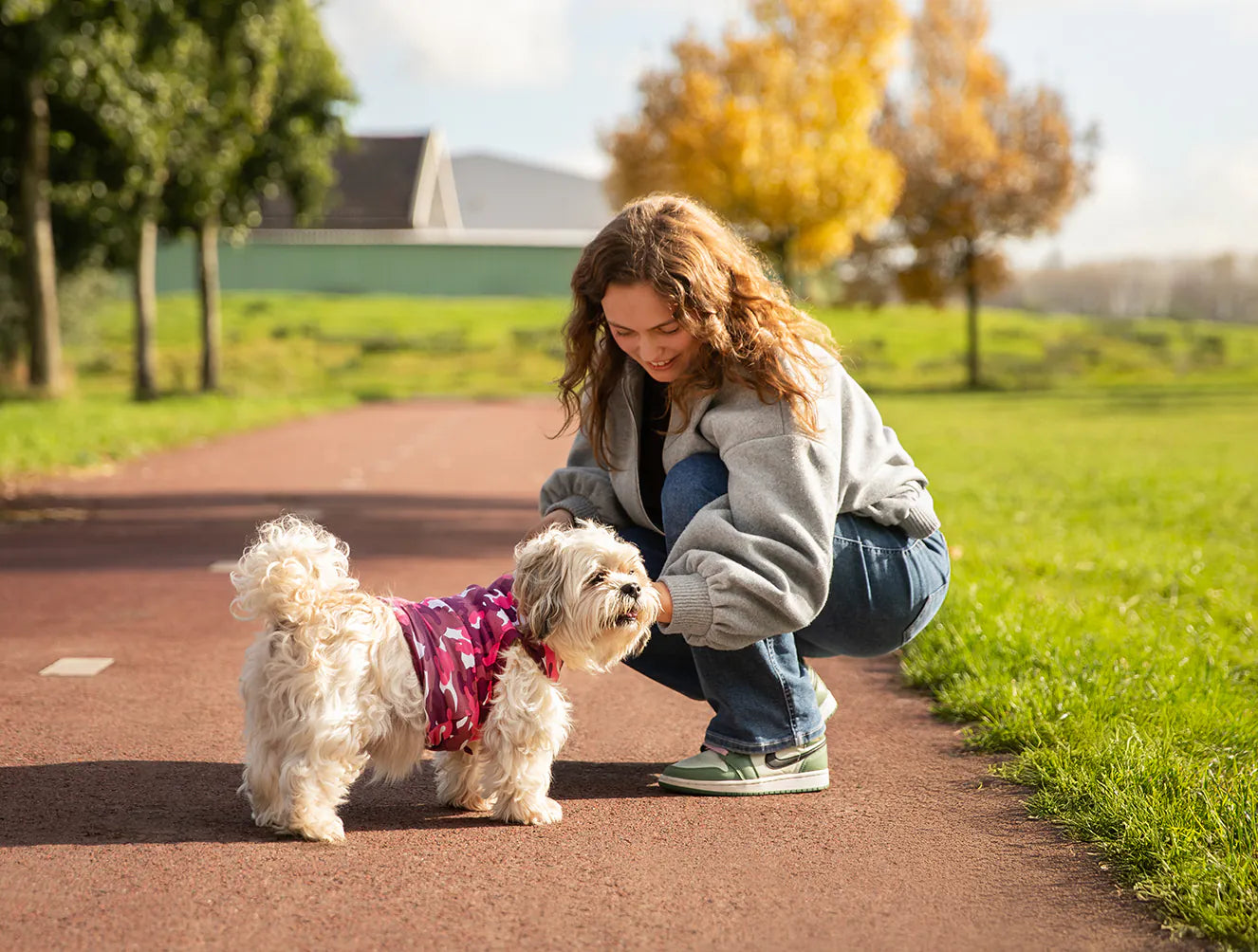 Kleiner Hund mit Pink-Camouflage Pullover von Suitical vor hockender Frau auf Feldweg